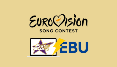 eurovision logo with the cypriot heart inside it, under it there is a laptop with the fame story logo and next to it there is the EBU logo and a thunder lightning separating them.