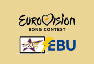 eurovision logo with the cypriot heart inside it, under it there is a laptop with the fame story logo and next to it there is the EBU logo and a thunder lightning separating them.