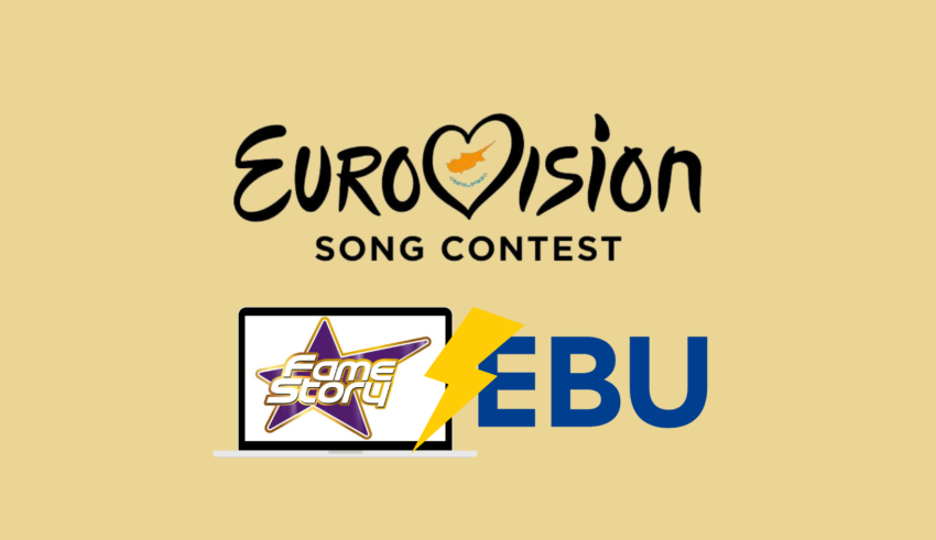eurovision logo with the cypriot heart inside it, under it there is a laptop with the fame story logo and next to it there is the EBU logo and a thunder lightning separating them.