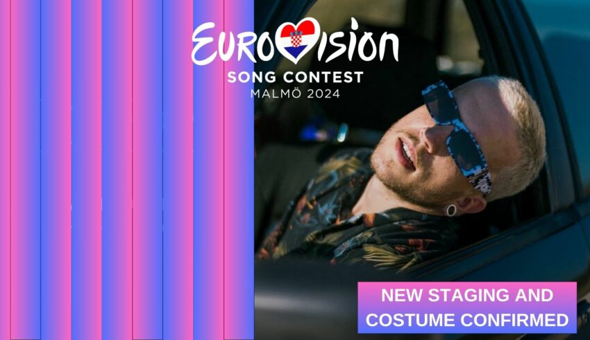 Baby Lasagna posing together with the eurovision logo and theme of this year.